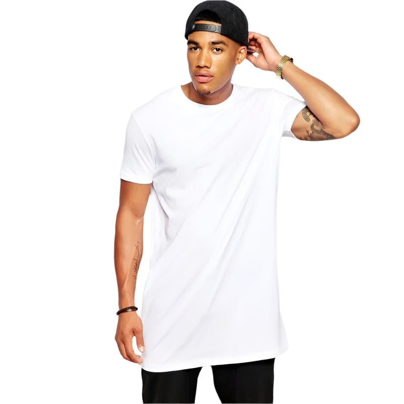 2025 Men's Extra Long Hip-Hop T-Shirt – White Casual Streetwear Tee