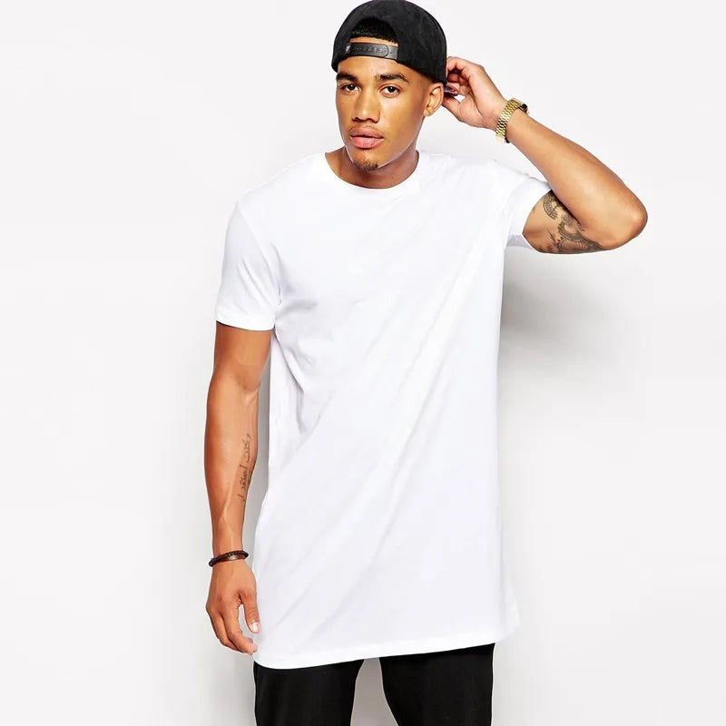 2025 Men's Extra Long Hip-Hop T-Shirt – White Casual Streetwear Tee