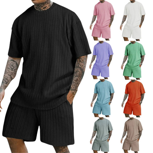 Men’s Sportswear Set – Solid Color Crew Neck T-Shirt & Shorts